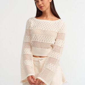 10587 Boat Neck Openwork Crop Sweater-Ecru