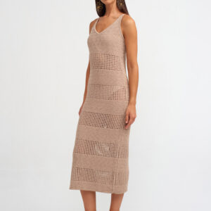 90213 V-Neck Cross Strap Openwork Knitwear Dress-Beige